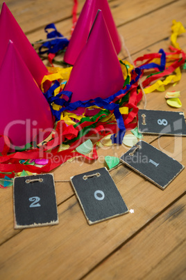 Decorations with party hat and cards forming 2018