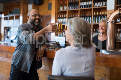 Friends toasting glass of beer at counter in bar