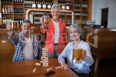 Happy senior friends holding glass of beer in bar