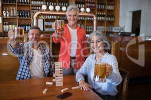 Happy senior friends holding glass of beer in bar