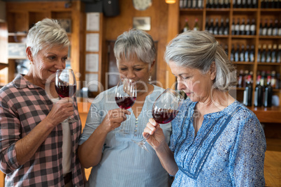 Female senior friends having red wine in restaurant