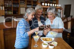 Senior female friends using digital tablet while having drinks