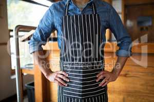 Waiter standing with hands on hip in bar