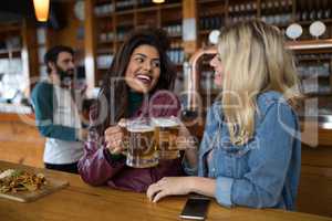 Female friends toasting glass of beer at counter in bar