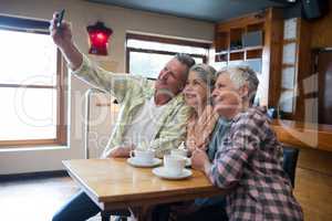 Senior friends taking selfie with mobile phone in restaurant