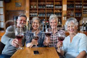 Group of smiling senior friends having red wine in restaurant