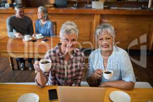 Smiling senior friends having cup of tea in restaurant