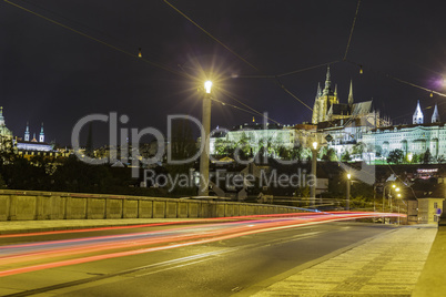 Prague Castle and Mala Strana district across Vltava river at night