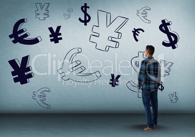 man in front of money on wall