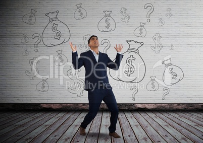 man screeming in front of money on wall