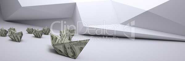 Group of dollar money Paper boats in white minimal room