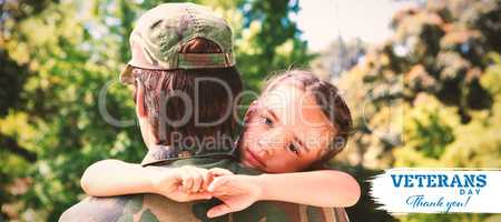 Composite image of portrait of sad daughter hugging army man