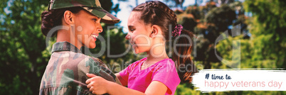 Composite image of army woman carrying daughter