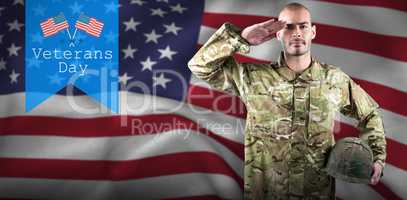 Composite image of portrait of confident soldier holding helmet while saluting