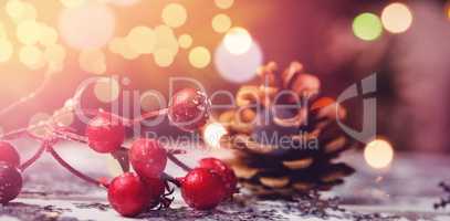 Close-up of Christmas ornaments on wooden table