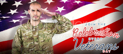 Composite image of portrait of confident soldier saluting