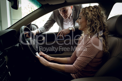 Salesman assisting customer sitting in car