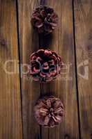 Pine cones on wooden plank