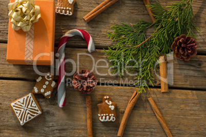 Overhead view of Christmas decoration with spice