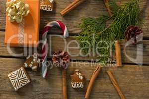 Overhead view of Christmas decoration with spice