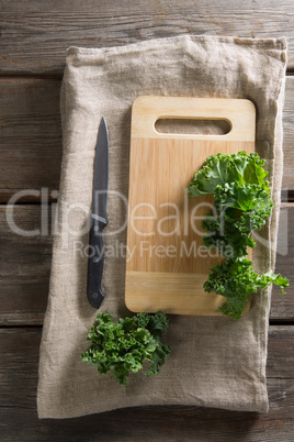 Fresh kale on cutting board with knife at table