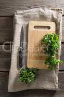 Fresh kale on cutting board with knife at table