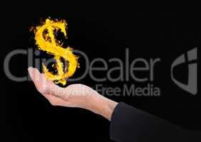 hand with dolar  fire icon over. Black background