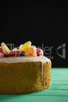 Close up of fruits on dessert at table