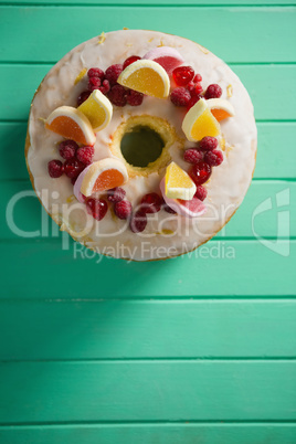 Overhead view of fruits on dessert