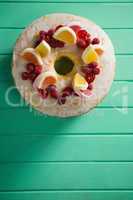 Overhead view of fruits on dessert