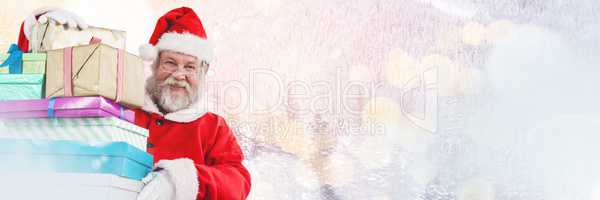 Santa with Winter landscape holding gifts