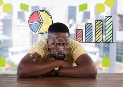 Disappointed businessman at desk and pie chart and bar chart