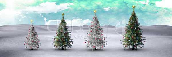 Christmas trees in winter landscape with painted sky