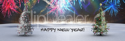 Happy new year text and Christmas trees in winter landscape with fireworks