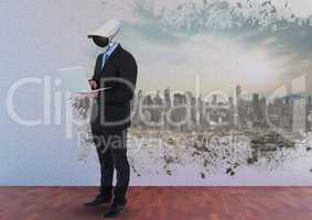 Businessman with CCTV head at office with city skyline