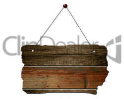 altes braunes Holzschild hängt an einer Metall Kette Holzbrett