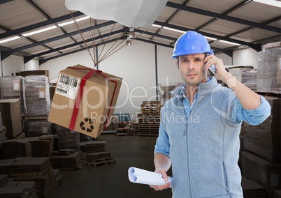 man with box in warehouse, transition