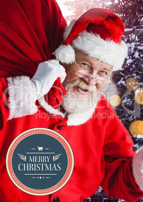 Merry Christmas text and Santa with sparkling lights bokeh background