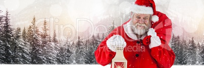 Santa with Winter landscape holding lantern and sack