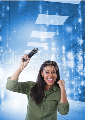 woman playing with computer game controller with blue sparkling background