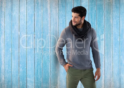 Man against wood with warm scarf