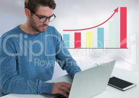 Businessman at desk with laptop and bar chart incrementing