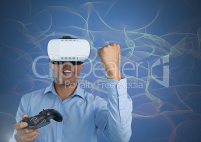 Businessman playing with computer game controller with virtual reality headset with squiggles backgr