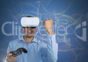Businessman playing with computer game controller with virtual reality headset with squiggles backgr