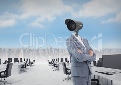 Businesswoman with CCTV head in office above city skyline