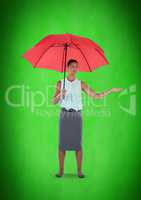 Businesswoman with umbrella and green background