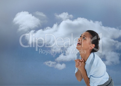 Desperate Businesswoman greiving and wailing for hope into the sky