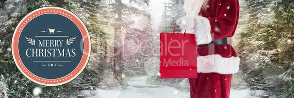 Merry Christmas text and Santa with shopping bag