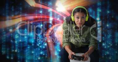 woman playing with computer game controller with sci-fi background