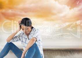 Depressed upset woman sitting with clouds